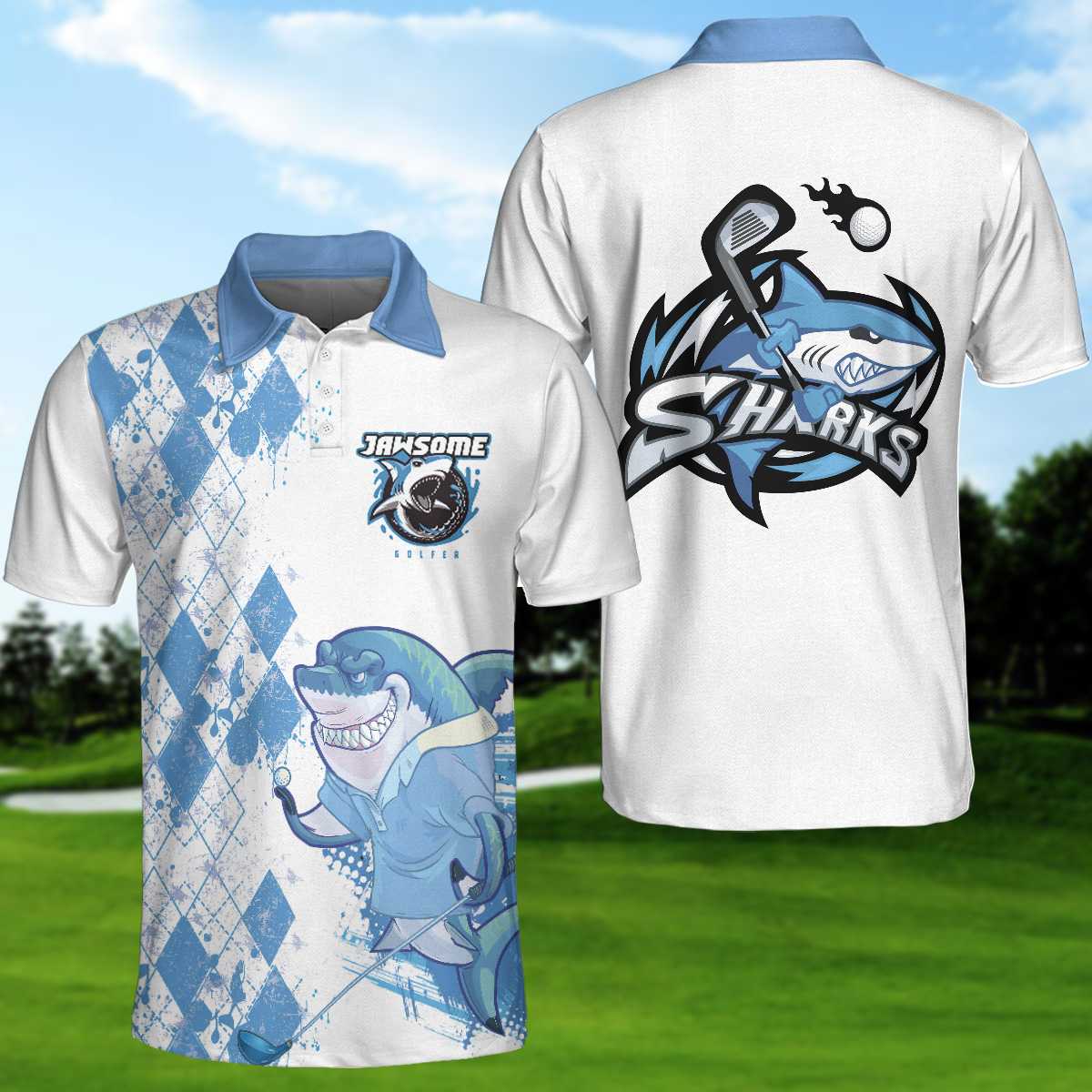 White And Blue Argyle Pattern American Flag Shark Golfer Men Polo Shirt, Jawsome Golfer Shark Golf Short Sleeve Polo Shirt, Best Golf Shirt For Men