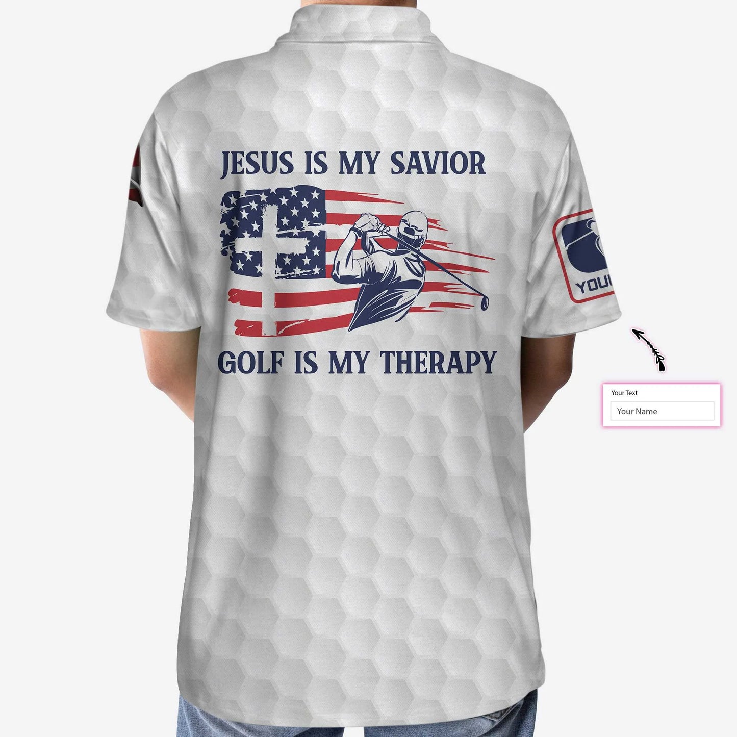 Personalized Jesus Men Polo Shirt, Jesus Is My Savior Golf Is My Therapy Custom Polo Shirt, American Flag Golf Shirt For Good Christians