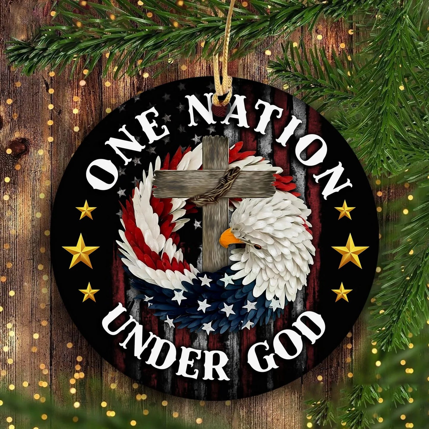 Jesus And Eagle - Circle Ceramic Ornament - Eagle America Flag And Cross - One Nation Under God - Gift For Religious Christian, Gift For Patriots, Proud Merica, 4th Of July, Independence Day