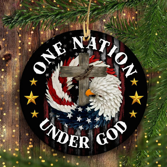 Jesus And Eagle - Circle Ceramic Ornament - Eagle America Flag And Cross - One Nation Under God - Gift For Religious Christian, Gift For Patriots, Proud Merica, 4th Of July, Independence Day