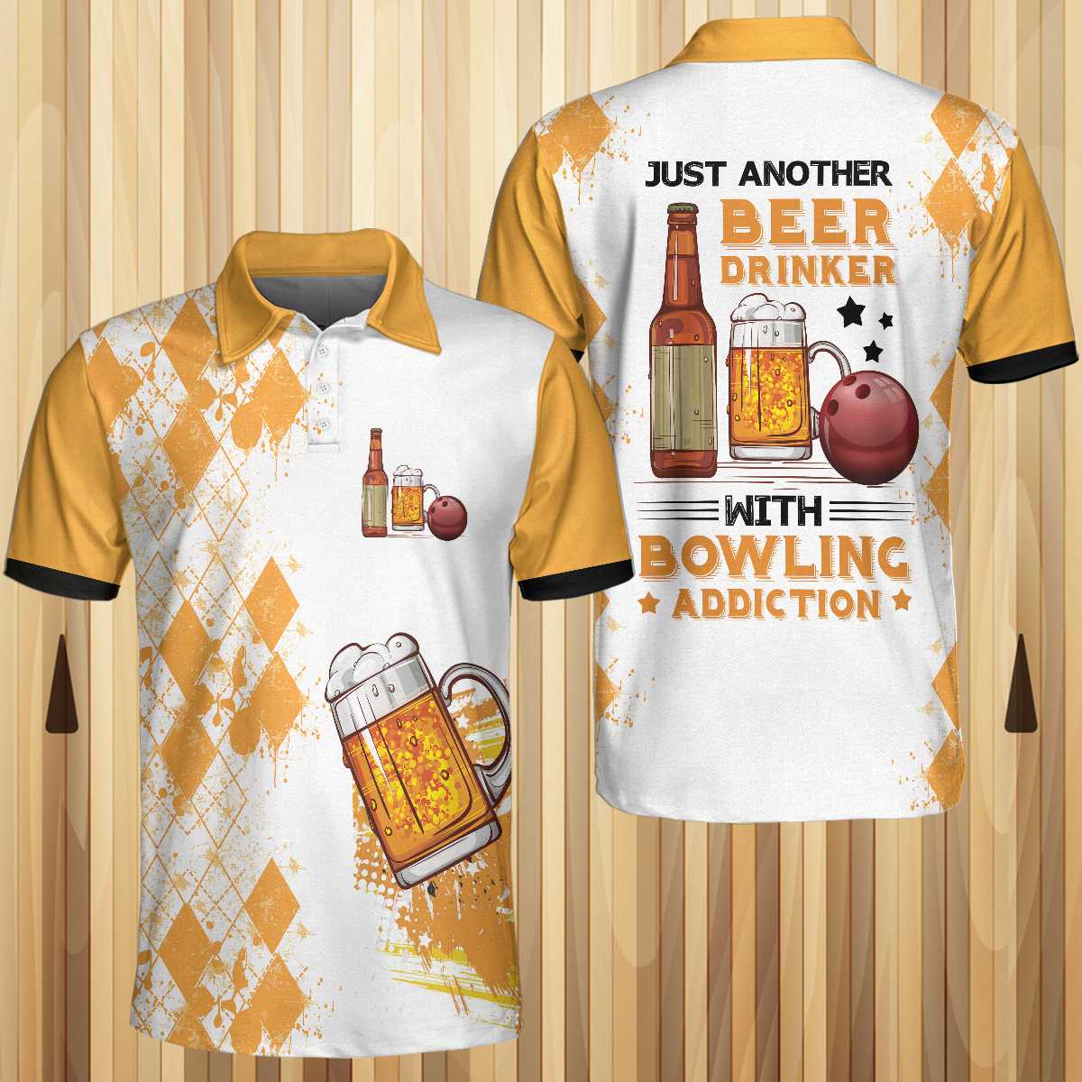 Bowling Men Polo Shirt - Argyle Pattern Beer Bowling Men Polo Shirt, Just Another Beer Drinker With Bowling Addiction Polo Shirt - Perfect Gift For Friend, Family, Bowling Lovers