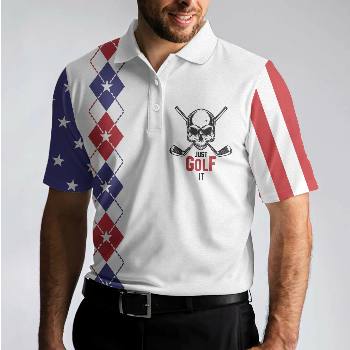 Argyle Pattern American Flag Golf Men Polo Shirt, Just Golf It Skull Short Sleeve Golf Shirt For Male