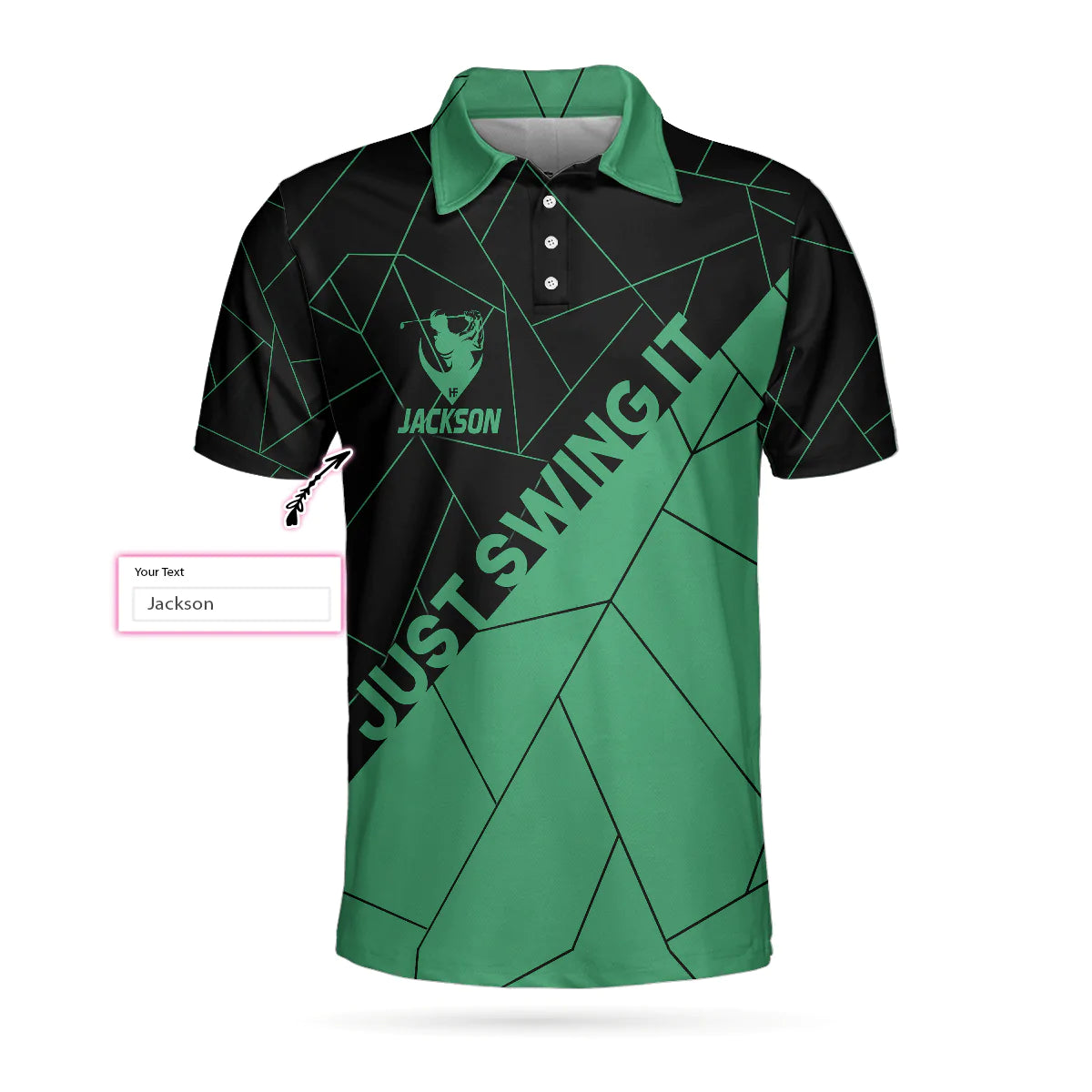 Personalized Black And Cyan Golf Men Polo Shirt, Just Swing It Abstract Geometric Line Pattern Custom Shirt For Male
