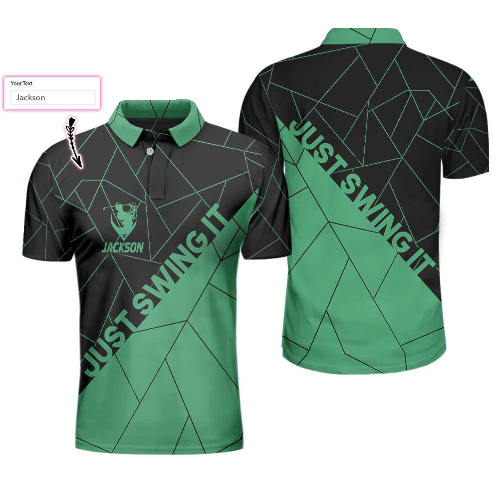 Personalized Black And Cyan Golf Men Polo Shirt, Just Swing It Abstract Geometric Line Pattern Custom Shirt For Male