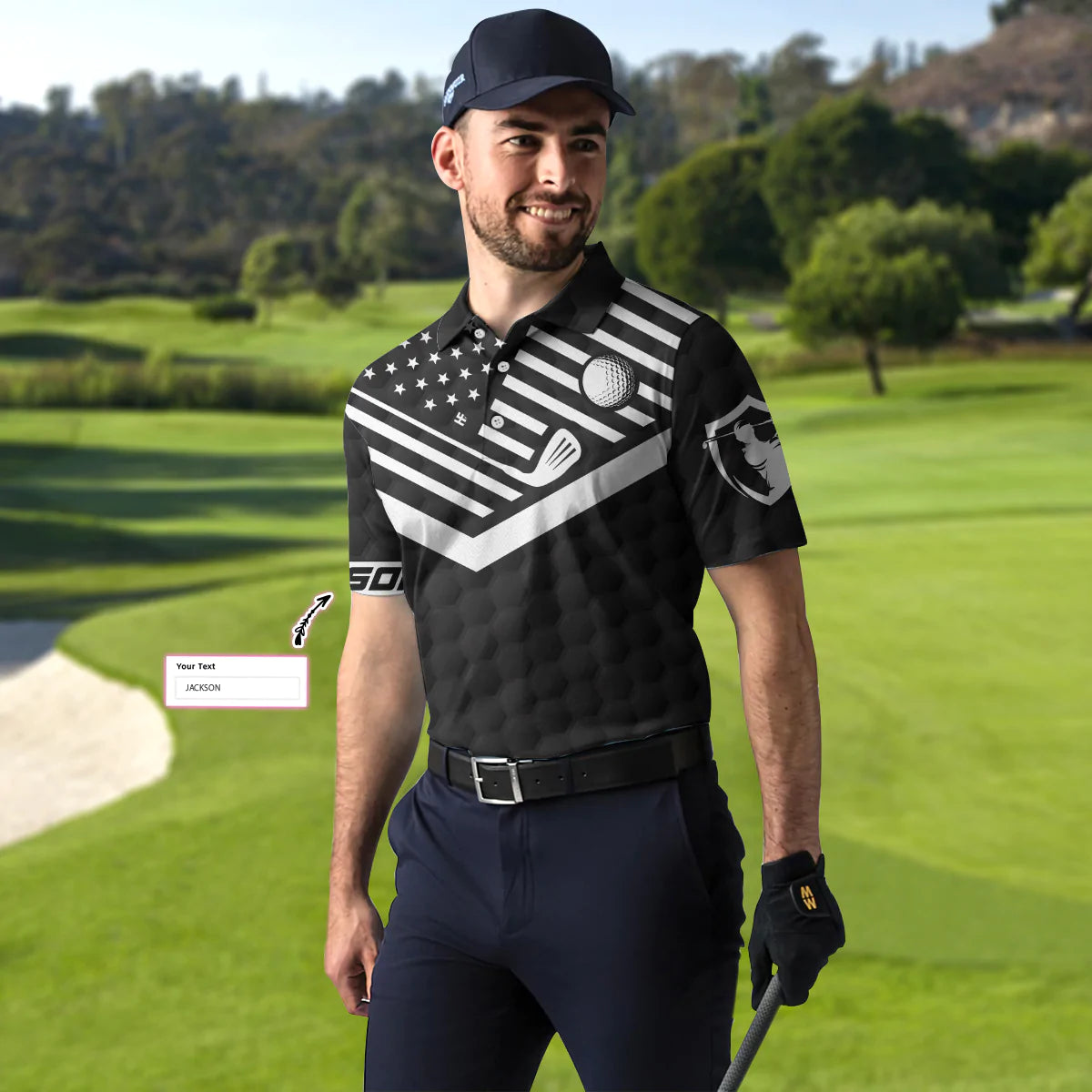 Personalized Black American Flag Golf Men Polo Shirt, Just Swing It Golf Custom Shirt For Male