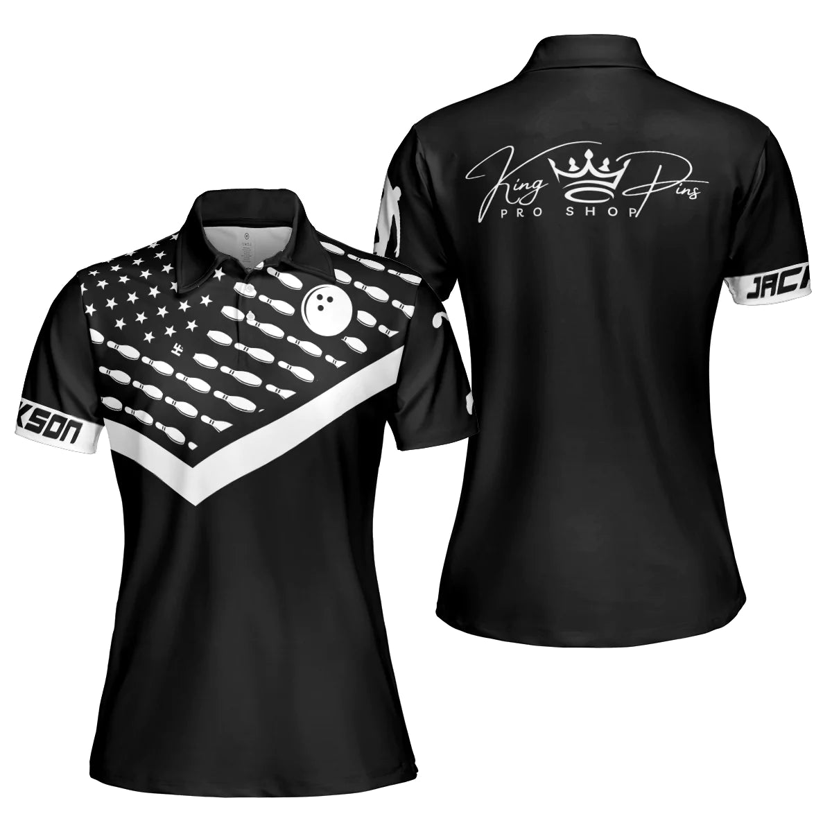 Personalized Bowling Pattern American Flag Women Polo Shirt, King Pins Pro Shop Custom Short Sleeve Shirt For Female
