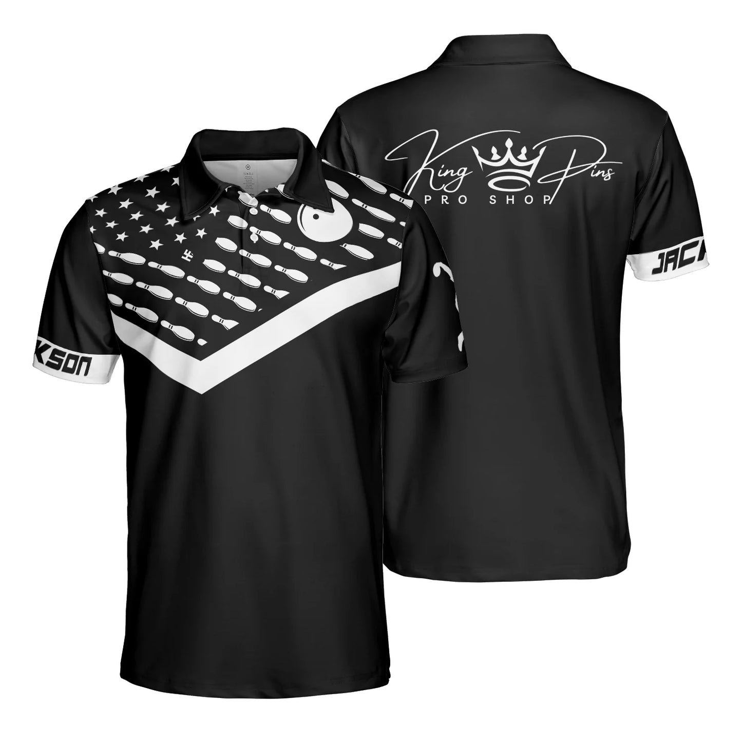 Personalized Bowling Pattern American Flag Men Polo Shirt, King Pins Pro Shop Custom Short Sleeve Shirt For Male