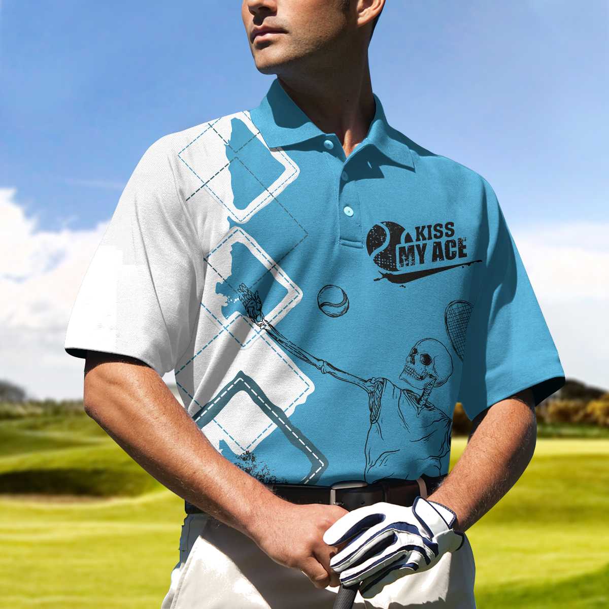 Argyle Pattern Skeleton Tennis Player Men Polo Shirt, Kiss My Ace Tennis Polo Shirt, Best Tennis Shirt For Male