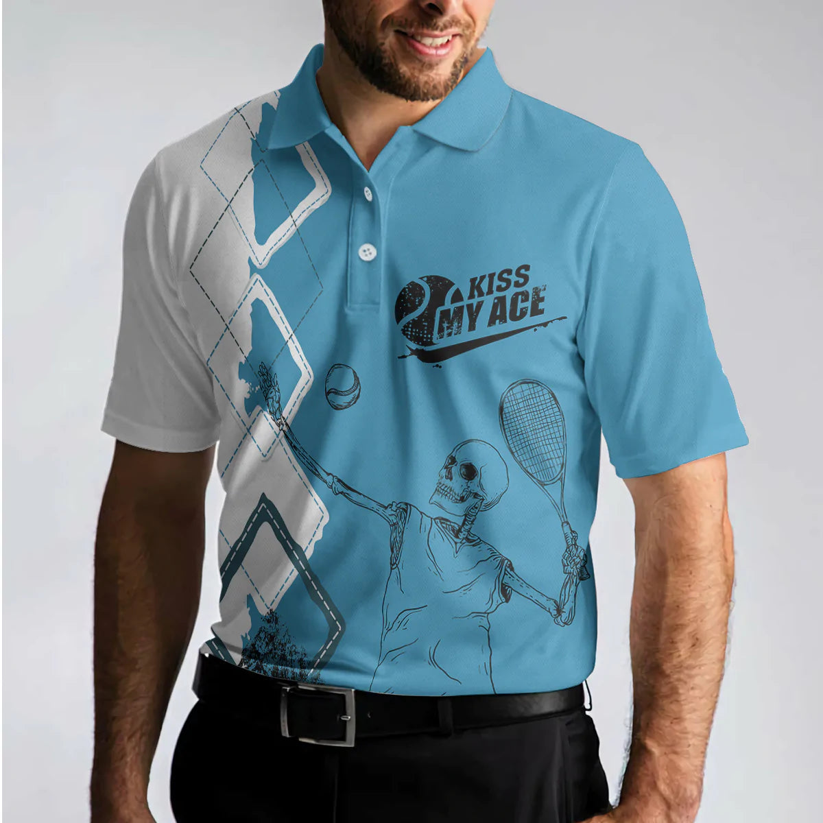 Argyle Pattern Skeleton Tennis Player Men Polo Shirt, Kiss My Ace Tennis Polo Shirt, Best Tennis Shirt For Male