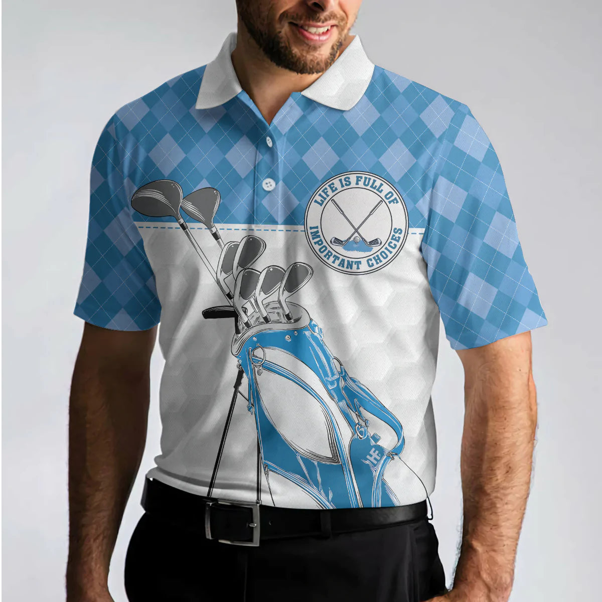 White Golf Texture Blue Argyle Pattern Men Polo Shirt, Life Is Full Of Important Choices Golf Polo Shirt, Best Golf Shirt For Male