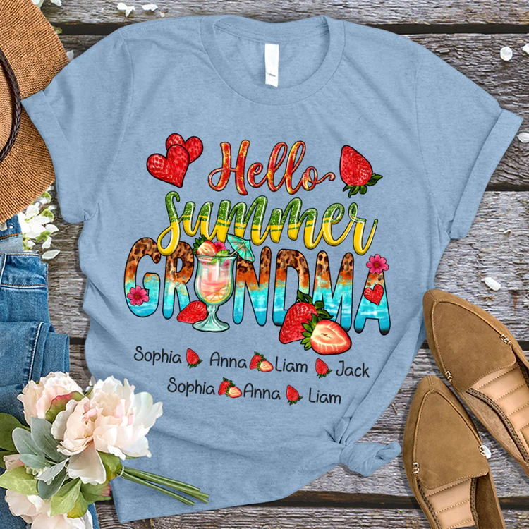 Grandma And Kids Custom Name T-shirt, Mother's Day Shirt, Hello Summer Strawberry Grandma And Kids Personalized Shirt - Perfect Gift For Nana, Mimi, Grandma