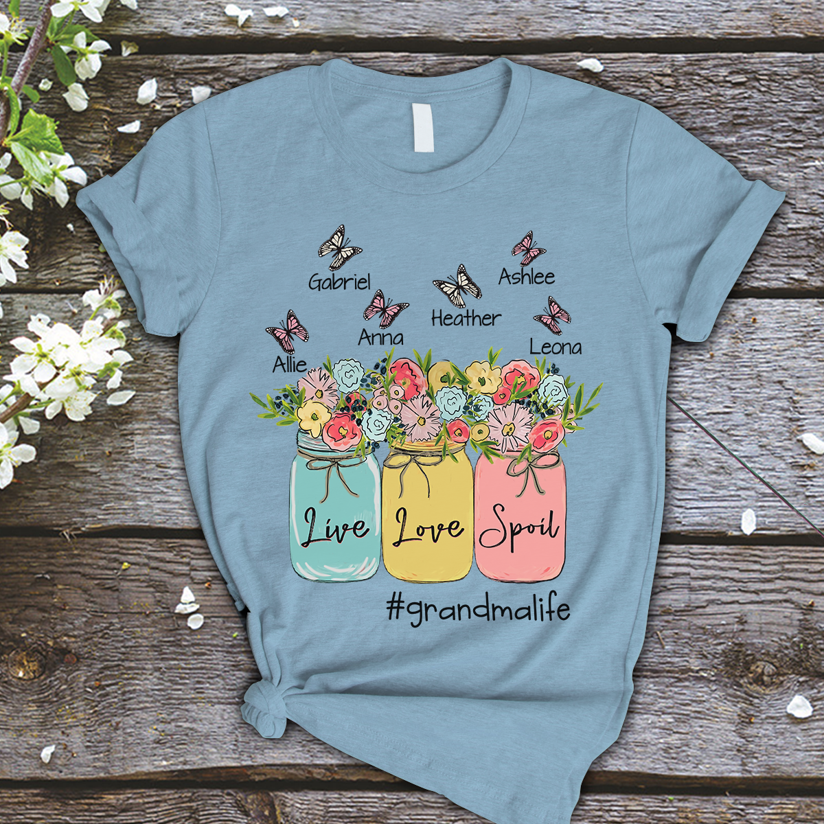 Grandma and Kids Custom Name T-shirt, Live Love Spoil Grandmalife Personalized Shirt, Flower Vase Shirt - Perfect Gift For Gigi, Nana, Mimi, Grandma