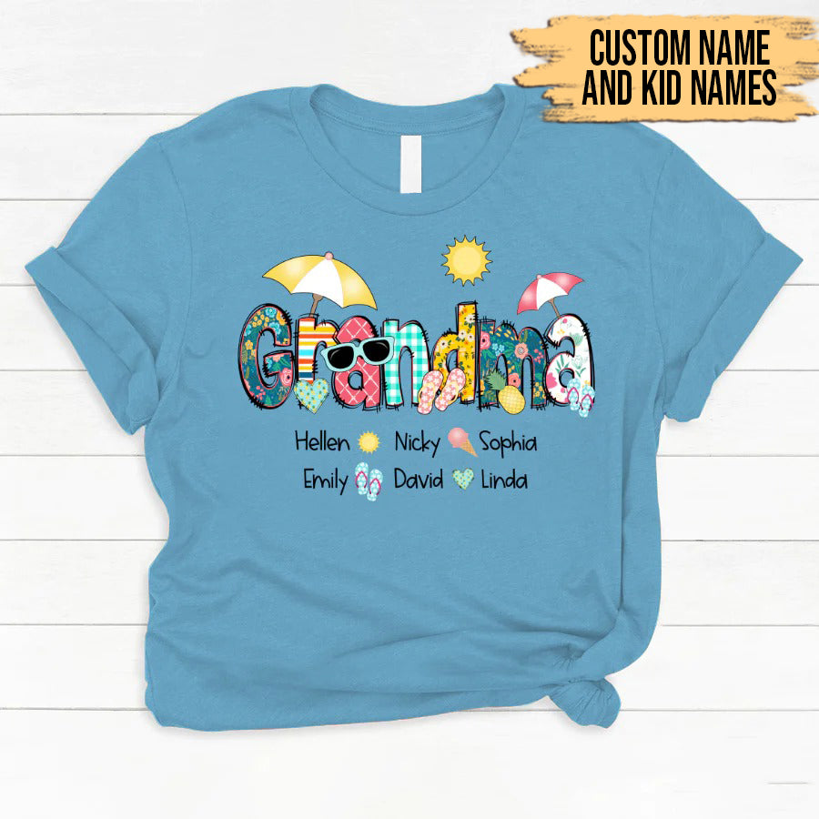 Grandma and Kids Custom Name T-shirt, Summer Grandma With Grandkids Name Personalized Shirt - Perfect Gift For Gigi, Nana, Mimi, Grandma