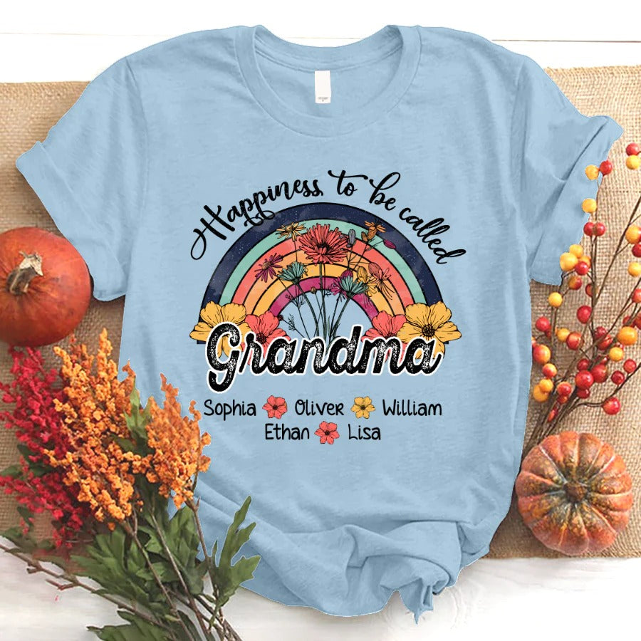 Grandma and Kids Custom Name T-shirt, Vintage Flower Happiness To Be Called Grandma By Grandkids Personalized Shirt - Perfect Gift For Gigi, Nana, Mimi, Grandma