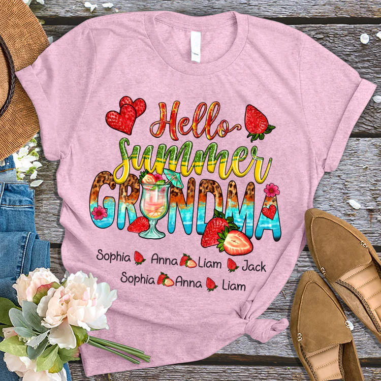 Grandma And Kids Custom Name T-shirt, Mother's Day Shirt, Hello Summer Strawberry Grandma And Kids Personalized Shirt - Perfect Gift For Nana, Mimi, Grandma