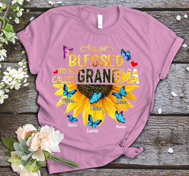 Personalized T-Shirt, Mother's Day Gift T-Shirt, Blessed To Be Called Grandma Sunflower Gift Custom T-Shirt, Custom Name And Kid Names On T-Shirt
