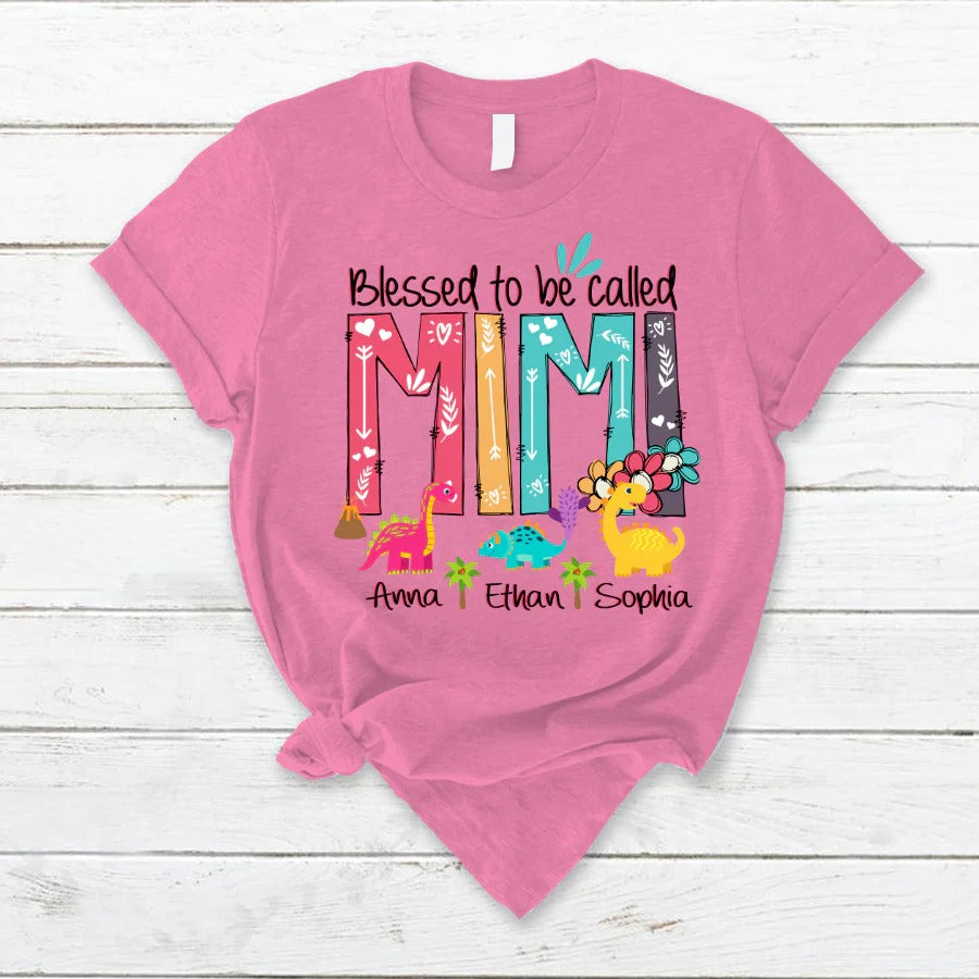 Mimi and Kids Custom Name T-shirt, Blessed To Be Called Mimi Dinosaur Personalized Shirt - Perfect Gift For Gigi, Nana, Mimi, Grandma
