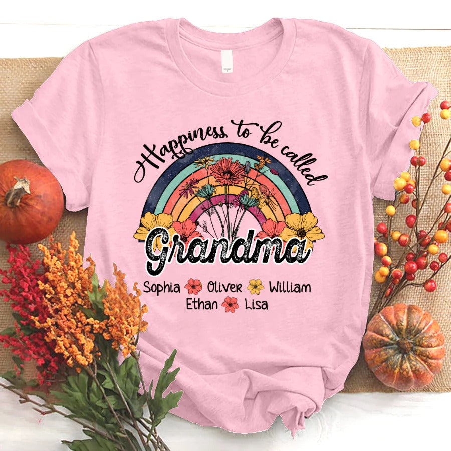Grandma and Kids Custom Name T-shirt, Vintage Flower Happiness To Be Called Grandma By Grandkids Personalized Shirt - Perfect Gift For Gigi, Nana, Mimi, Grandma