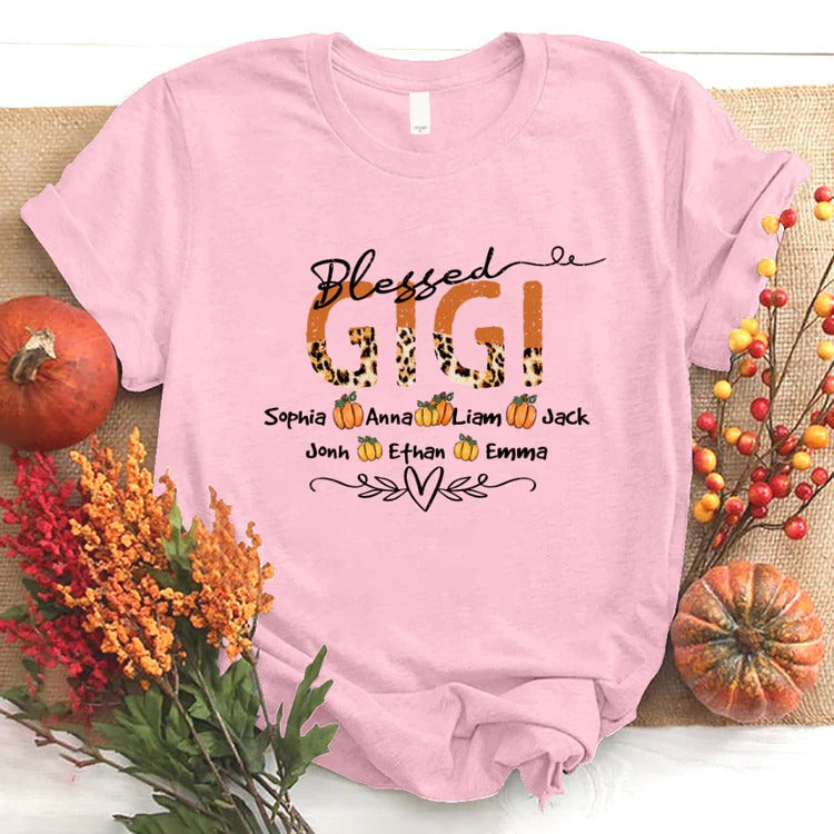 Gigi And Kids Custom Name T-shirt, Mother's Day Shirt, Leopard Blessed Gigi And Kids Pumpkin Personalized Shirt - Perfect Gift For Gigi, Nana, Mimi, Grandma
