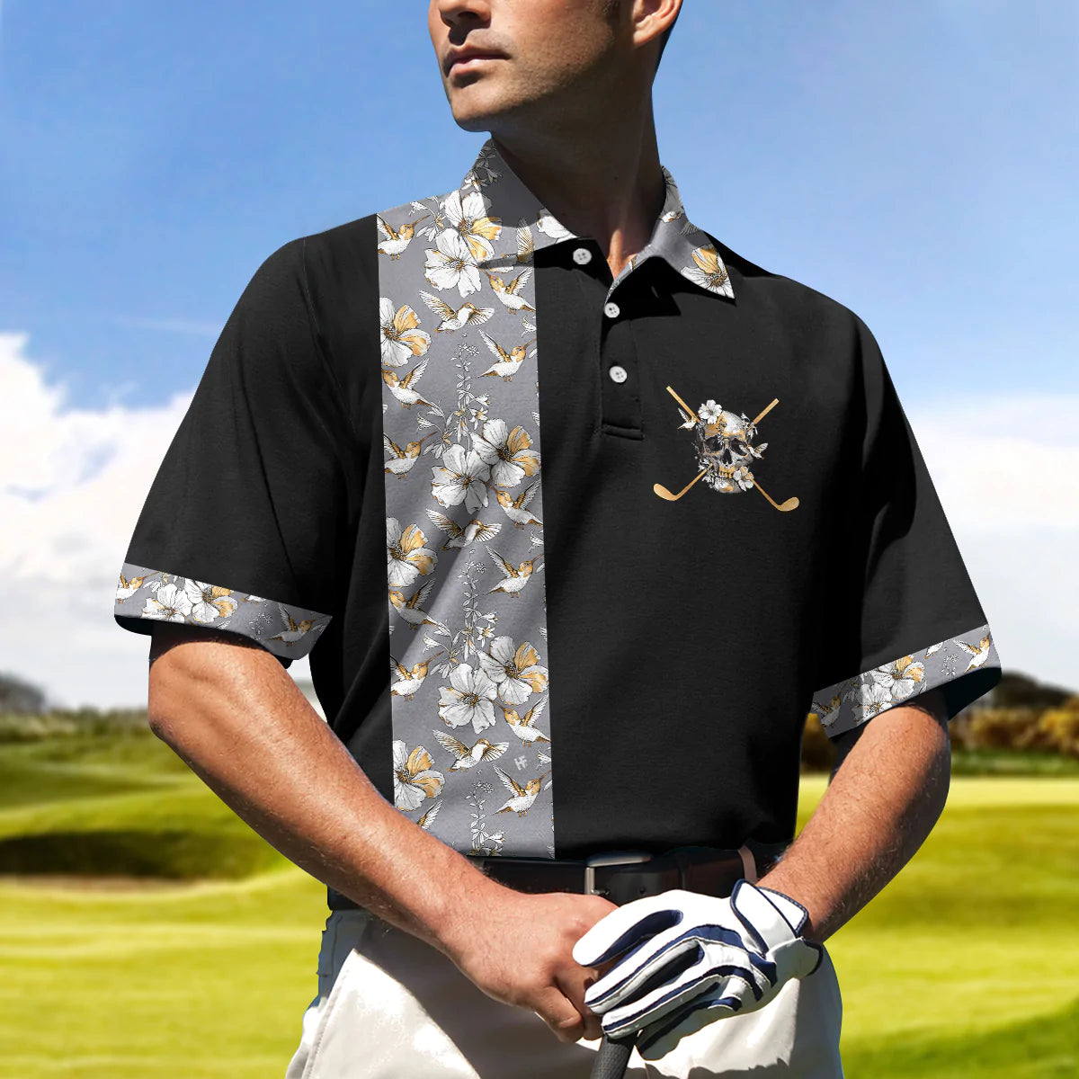Men Polo Shirt - Luxury Golden Skull Black Golf Polo Shirt - Ash Floral Pattern Polo Shirt, Best Golf Shirt For Men