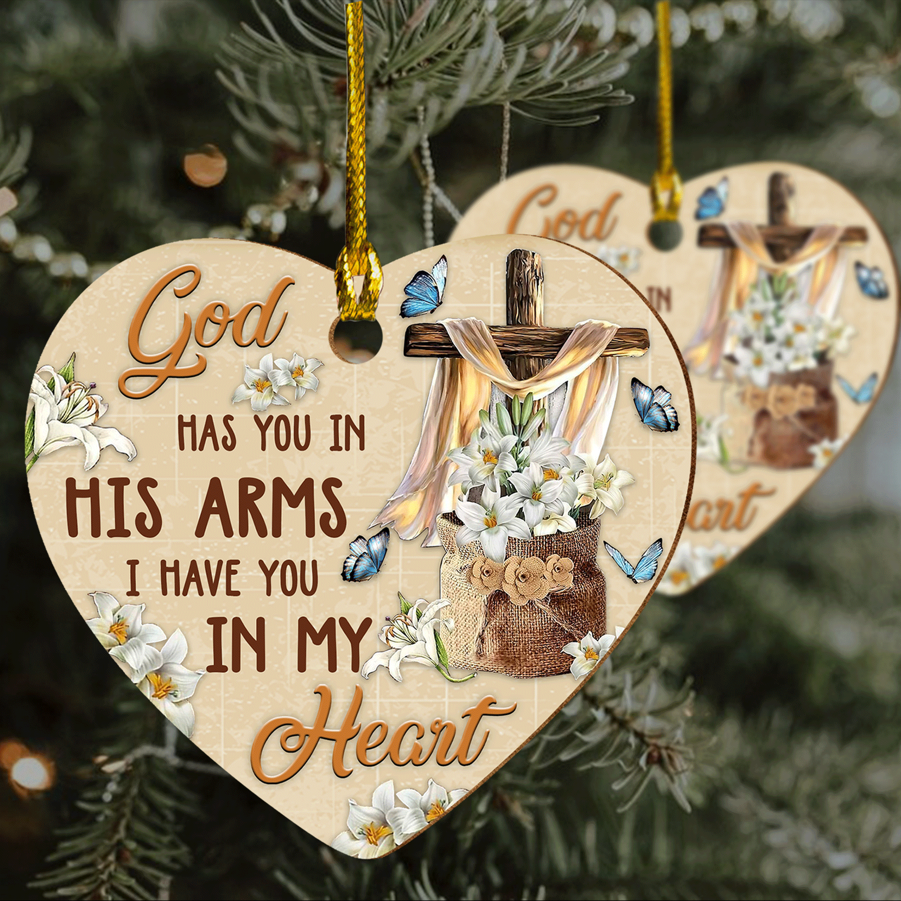 Jesus Heart Ceramic Ornament - Blue Butterfly, Easter Lily, The Wooden Cross, God Has You In His Arms Heart Ornament Gifts For Religious Christian