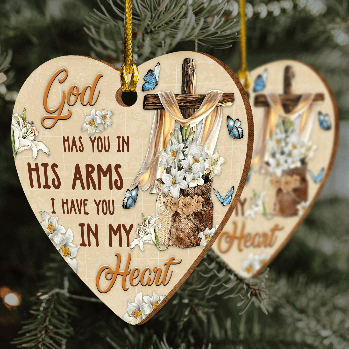 Jesus Heart Ceramic Ornament - Blue Butterfly, Easter Lily, The Wooden Cross, God Has You In His Arms Heart Ornament Gifts For Religious Christian