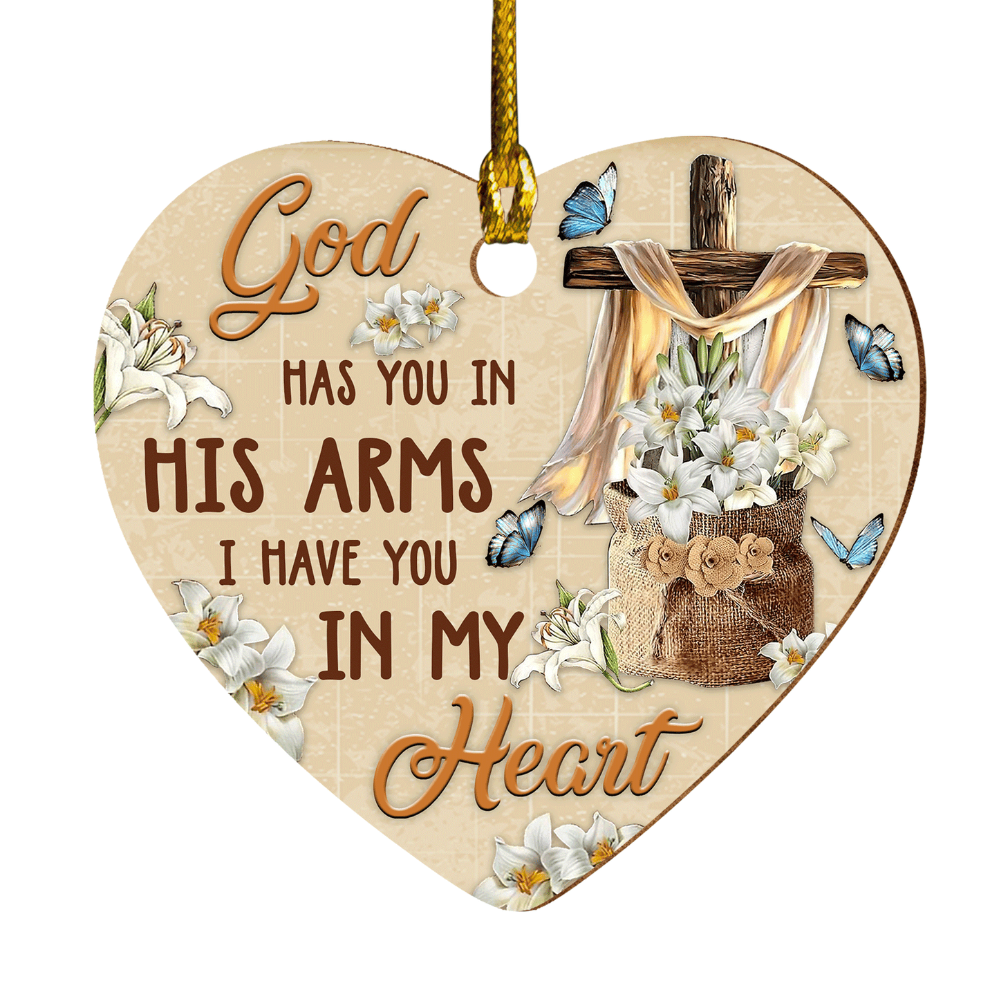 Jesus Heart Ceramic Ornament - Blue Butterfly, Easter Lily, The Wooden Cross, God Has You In His Arms Heart Ornament Gifts For Religious Christian