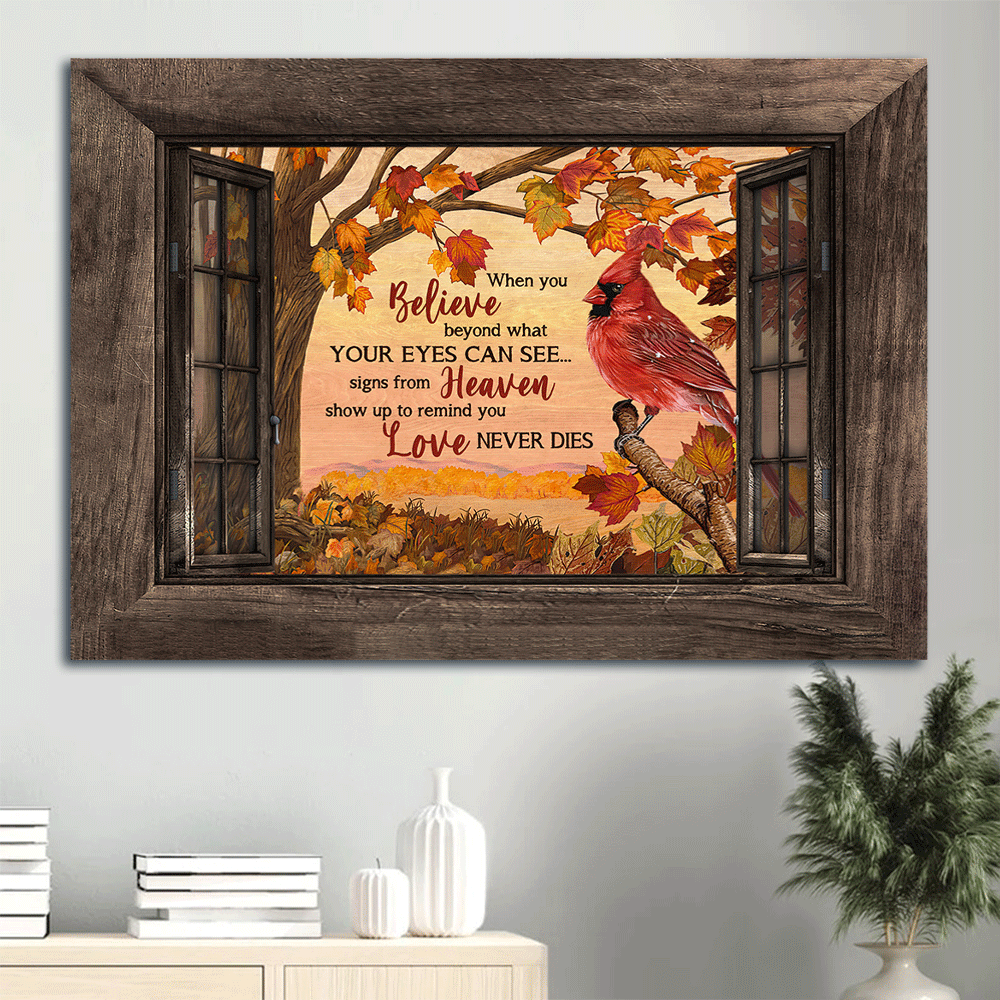 Memorial Landscape Canvas- Northern cardinal, Red maple leaf, Tree branch, Window frame- Gift for Family- Love never dies - Heaven Landscape Canvas Prints, Wall Art