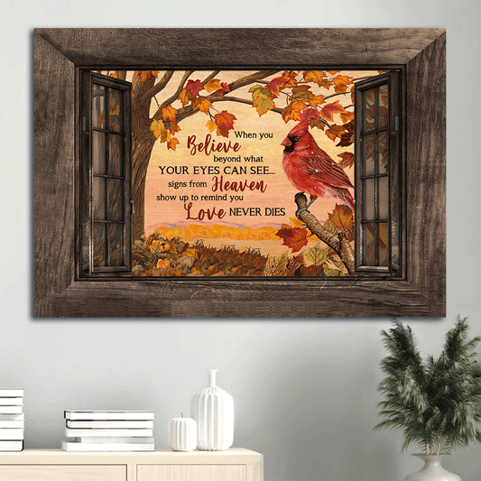 Memorial Landscape Canvas- Northern cardinal, Red maple leaf, Tree branch, Window frame- Gift for Family- Love never dies - Heaven Landscape Canvas Prints, Wall Art