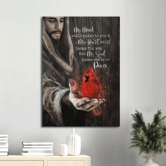 Heaven Portrait Canvas - Red cardinal, Jesus hand, My soul knows you're at peace Portrait Canvas - Memorial Gift For Family Members Canvas Prints, Wall Art