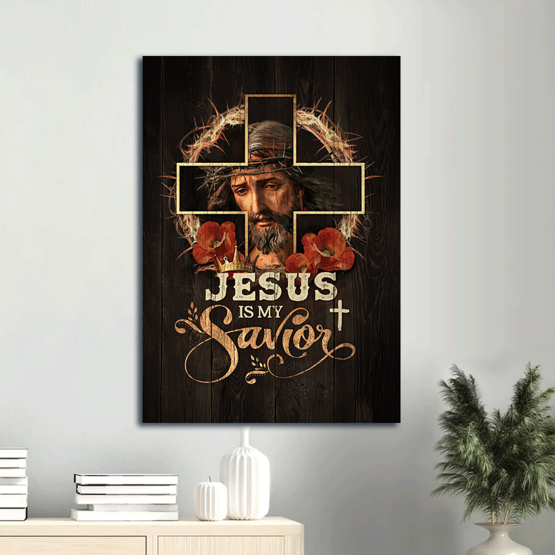 Jesus Portrait Canvas Prints, Christian Wall Art - Abstract Jesus Christ Painting, Crown Of Thorns, Red Flowers, Jesus Is My Savior Portrait Canvas Prints