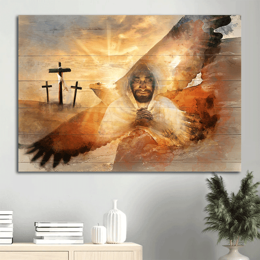 Jesus Landscape Canvas - Bald eagle, Three wooden crosses, The Lord's prayer Landscape Canvas - Inspirational gift, Gift For Religious Chiristian