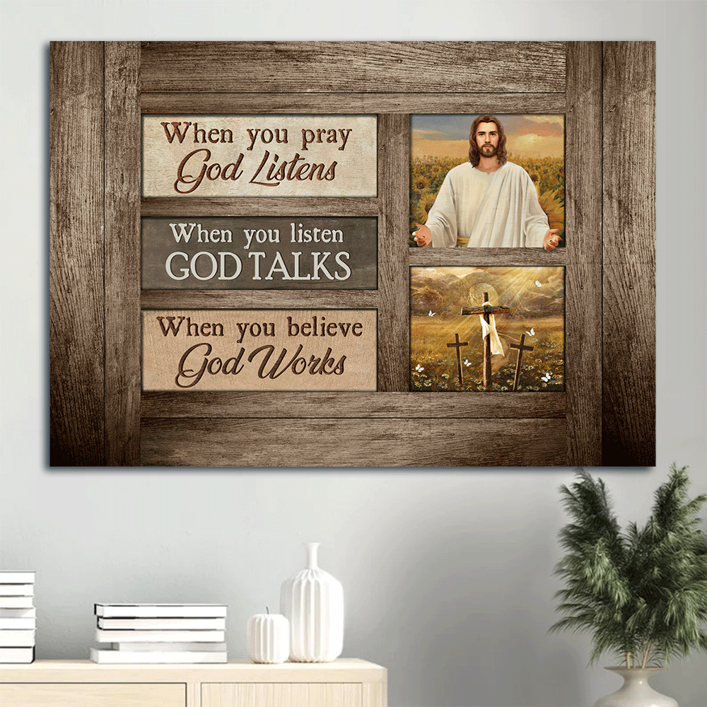 Jesus Landscape Canvas - Three crosses, Positive quote Landscape Canvas - Inspirational gift, Gift For Religious Christian - When you believe, God works