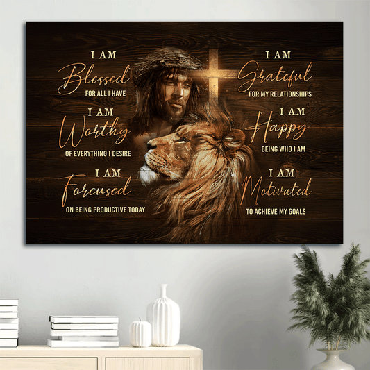 Jesus, Faith, God, Lion Head - Landscape Canvas - Motivational Quote, I Am Bless For All I Have - Wall Decor Gift For Christian, Believer In Jesus