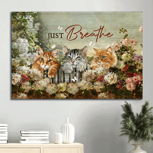Jesus Landscape Canvas - Adorable Cat, Stunning Flower Garden Amazing White Butterfly Landscape Canvas - Gift For Religious Christian - Just Breathe