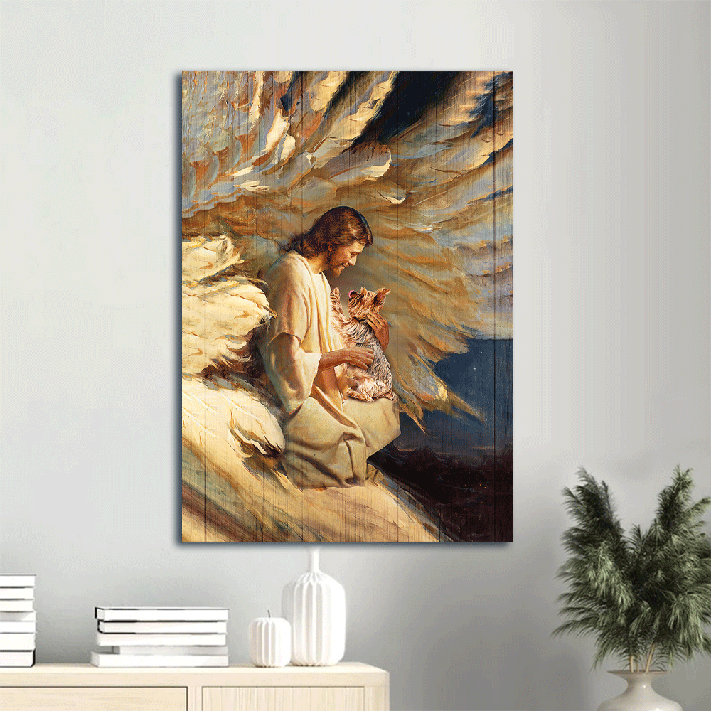 Jesus Portrait Canvas- Amazing angel wings, Little Yorkshire Terrier, Jesus painting Portrait Canvas- Gift For Christian