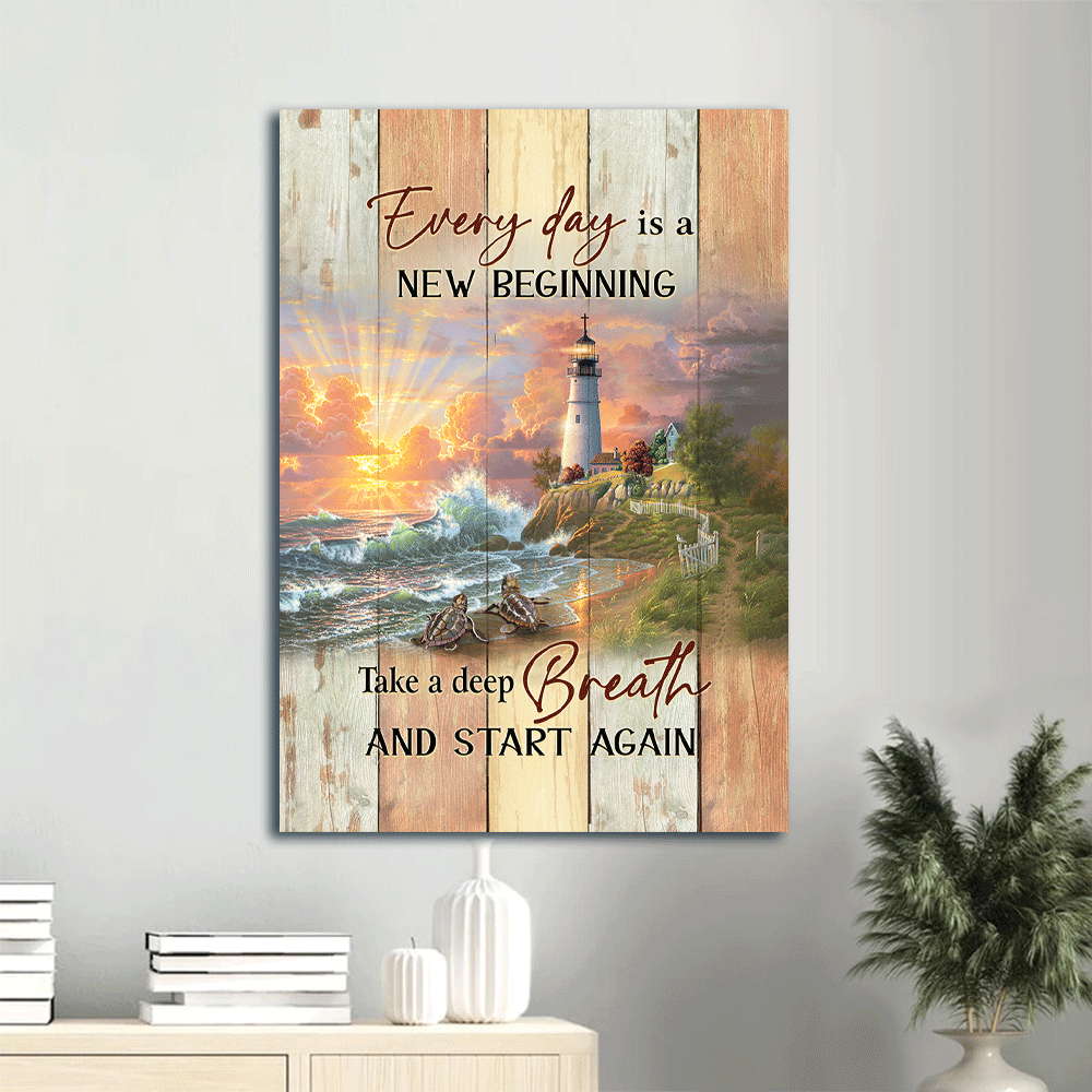 Jesus Portrait Canvas - Amazing sunset, Sea turtle, Beautiful lighthouse Portrait Canvas - Gift For Christian - Every day is new beginning