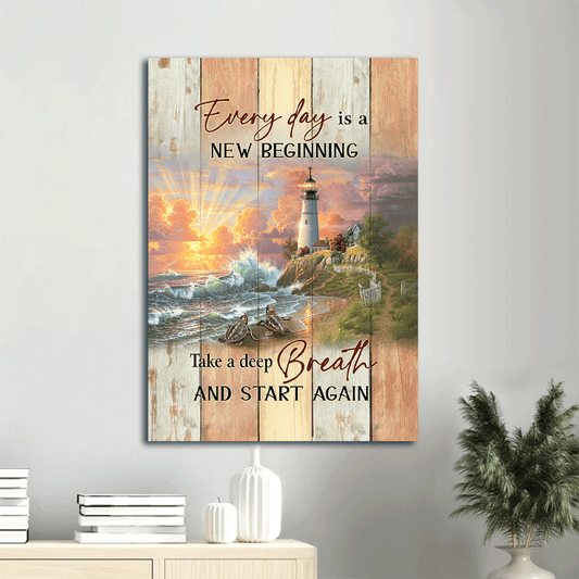 Jesus Portrait Canvas - Amazing sunset, Sea turtle, Beautiful lighthouse Portrait Canvas - Gift For Christian - Every day is new beginning