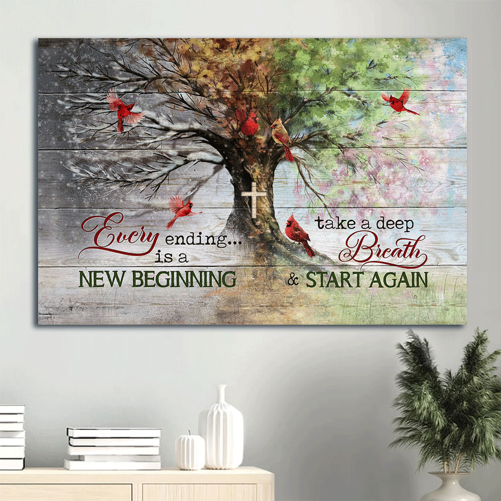 Jesus Landscape Canvas - Red Cardinal Landscape Canvas, Christian Wall Art - Amazing Four seasons tree, God, Faith, - Gift For Christian