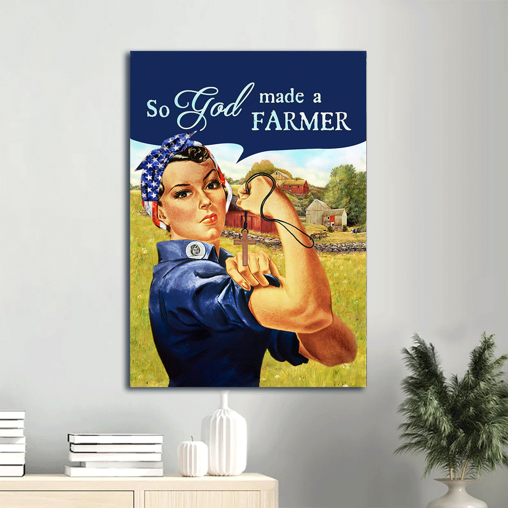 Jesus Portrait Canvas - Amazing woman, Green farm, Wooden cross Portrait Canvas - Gift For Christian - So God made a farmer