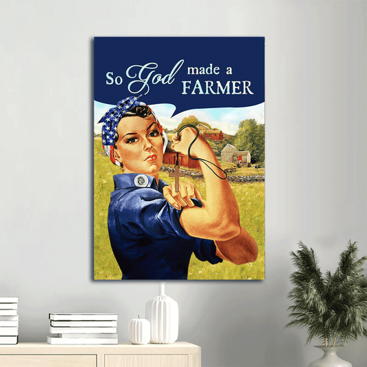 Jesus Portrait Canvas - Amazing woman, Green farm, Wooden cross Portrait Canvas - Gift For Christian - So God made a farmer