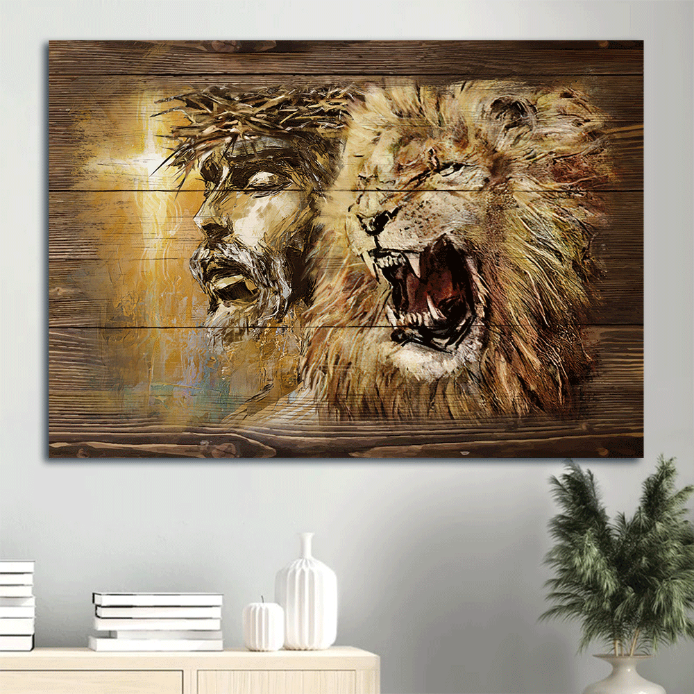 Jesus Landscape Canvas - Angry lion, Stunning Jesus face, Yellow background Landscape Canvas - Gift For Religious Christian
