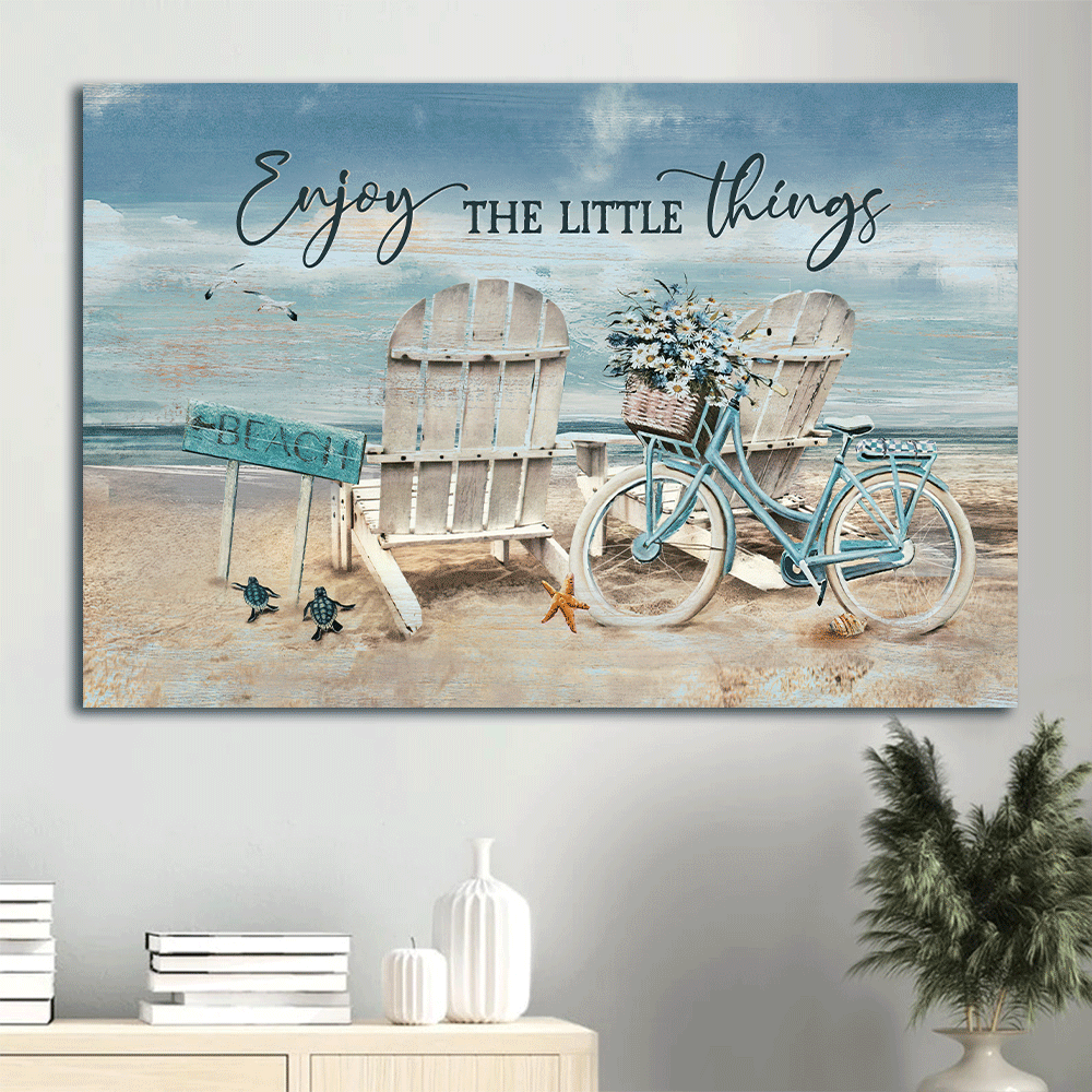 Jesus Landscape Canvas - Antique chair, Blue bicycle, Beautiful ocean Landscape Canvas - Gift For Christian - Enjoy the little things