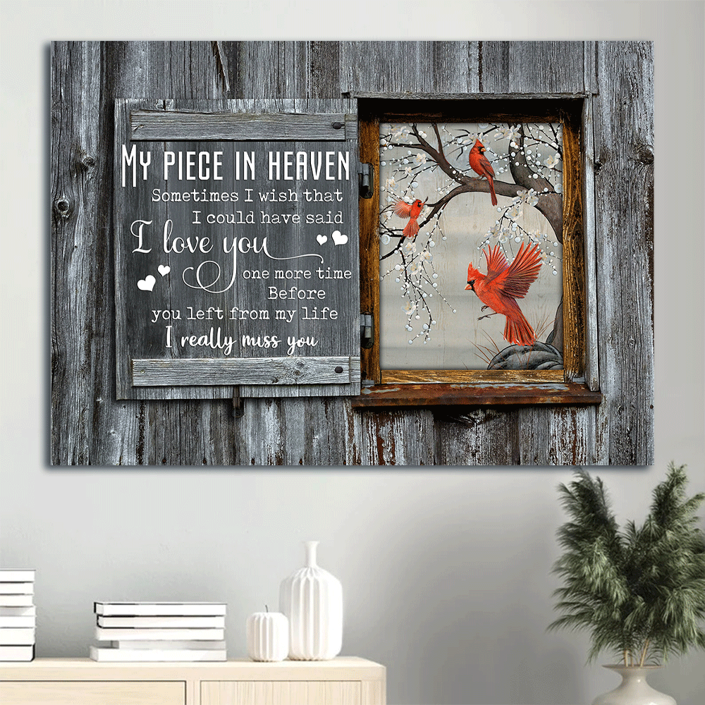 Memorial Landscape Canvas - Antique window, Snowflakes, Cardinal drawing Landscape Canvas - Memorial Gift For Family Members - My piece in heaven
