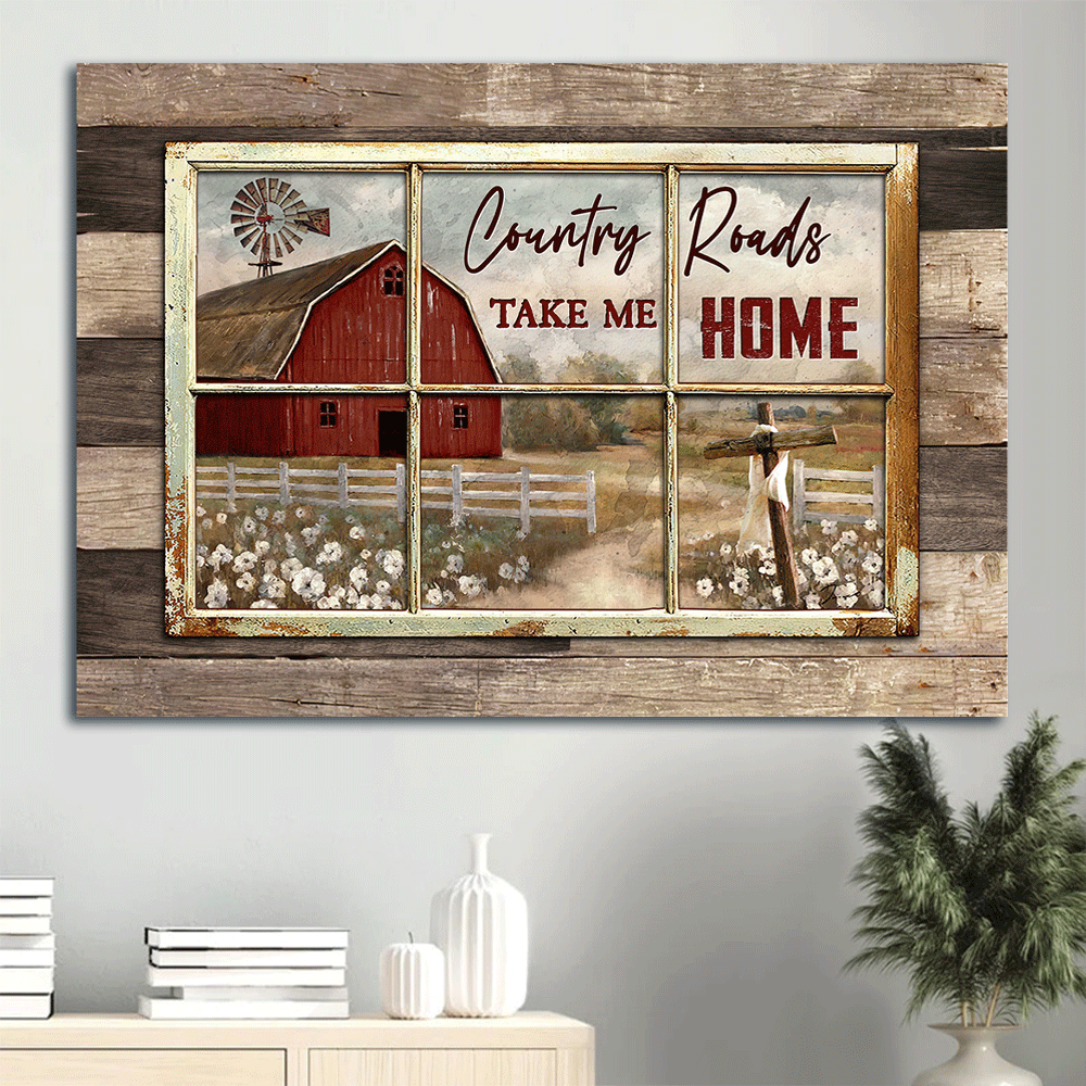 Jesus Landscape Canvas - Antique window, White poppy, Red house Landscape Canvas - Gift For Christian - Country roads take me home