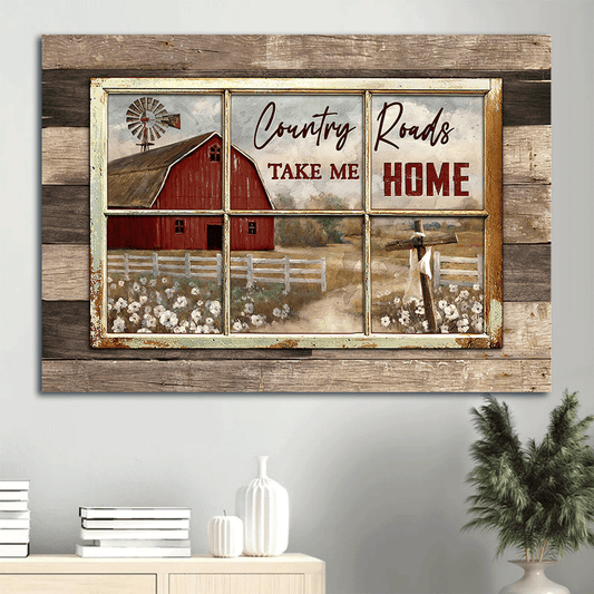 Jesus Landscape Canvas - Antique window, White poppy, Red house Landscape Canvas - Gift For Christian - Country roads take me home