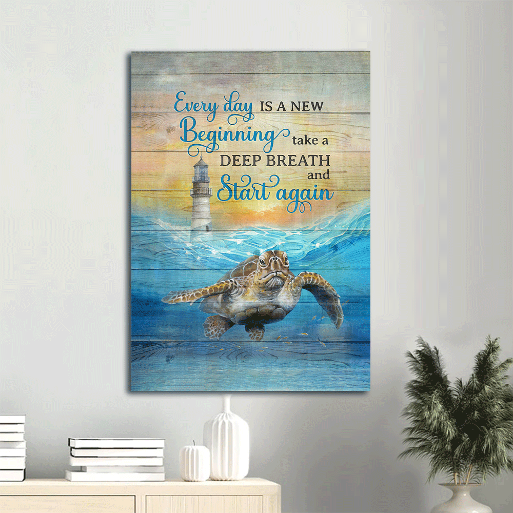 Jesus Portrait Canvas- Awesome Sea Turtle, Lighthouse, Blue Ocean Canvas-Gift For Christian- Everyday Is A New Beginning