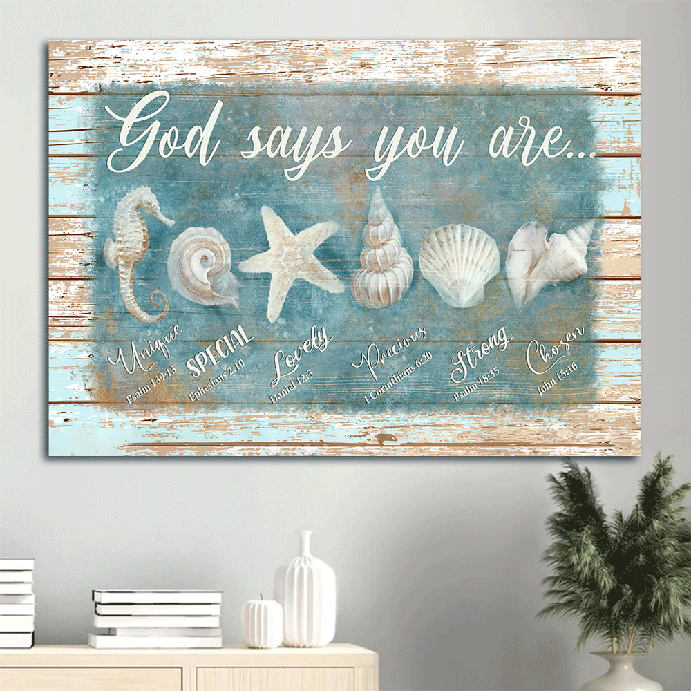 Jesus Landscape Canvas- Seashells painting, God says you are - Gift for Christian- Landscape Canvas Prints, Wall Art