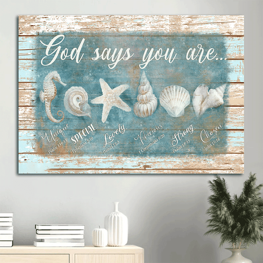 Jesus Landscape Canvas- Seashells painting, God says you are - Gift for Christian- Landscape Canvas Prints, Wall Art