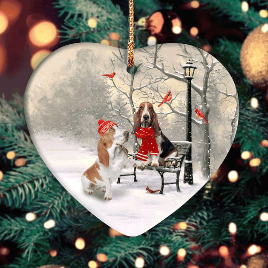 Basset Hound - Christmas Heart Ceramic Ornament - Basset Hound Couple, Red Cardinal, Winter Park, On A Date -  Gifts For Christmas Home Decor, Gifts For Basset Hound Lover, Gifts For Dog Lover, Dog Mom Gifts For Couple